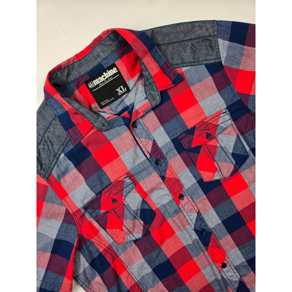 MACHINE‎ Red Blue Plaid Short Sleeve Button Up Shirt Mens XL